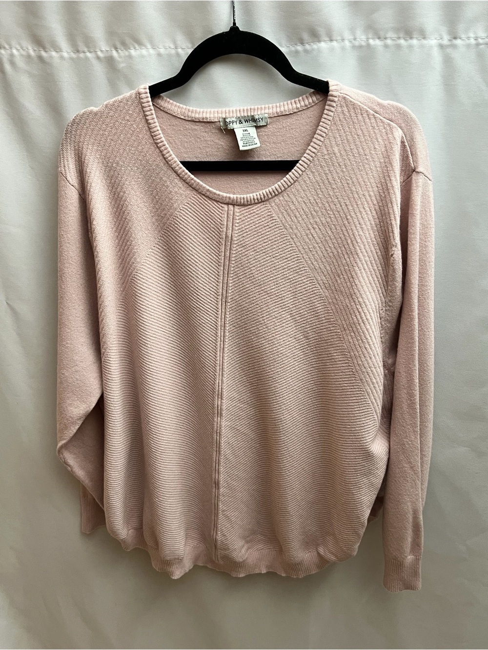 Poppy & Whimsy 3X Blush Pink Diagonal Rib Knit Long Sleeve Pullover Sweater